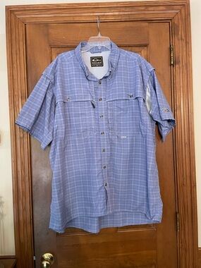 Drake Light Blue Plaid Short-Sleeve Button-Down Fishing Shirt, Size 2X
